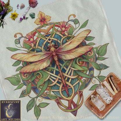 Celtic Dragonfly Altar Cloth or Tarot Mat - Beltane Litha Summer Dragonfly Colorful Altar Tarot Witch Decor