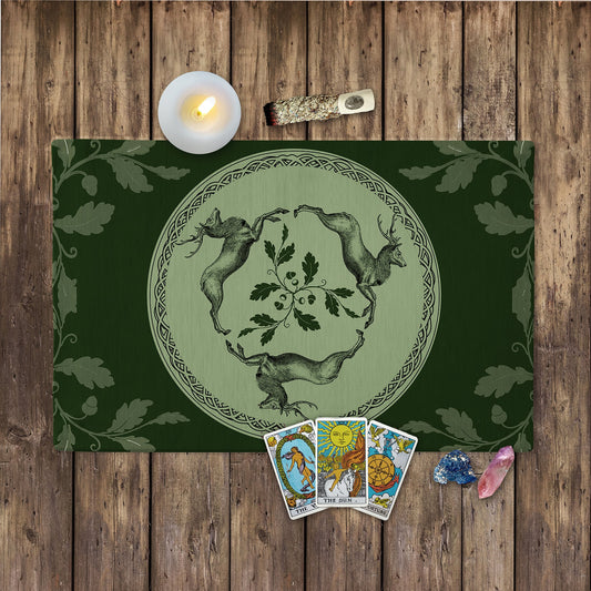 Celtic Stag Altar Tarot Cloth Mat Display Table Deer Buck Green Nature Cotton Twill Rec