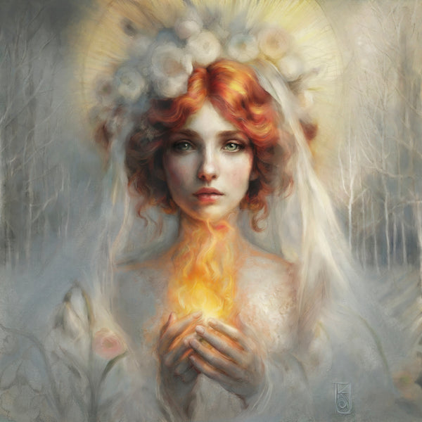 Fine art painting of a Goddess like figure holding a flame  with red hair, white veil and halo, misty white trees surrounding her in expressive realism style. by artist Katrina Mare Lahaie. studio lahaie. 